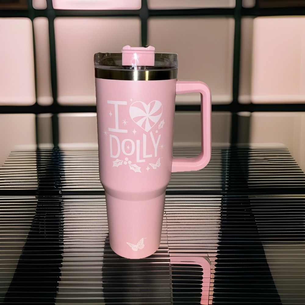 Dolly Parton Rare Pink 40 Oz Christmas tumbler With Peppermint Straw